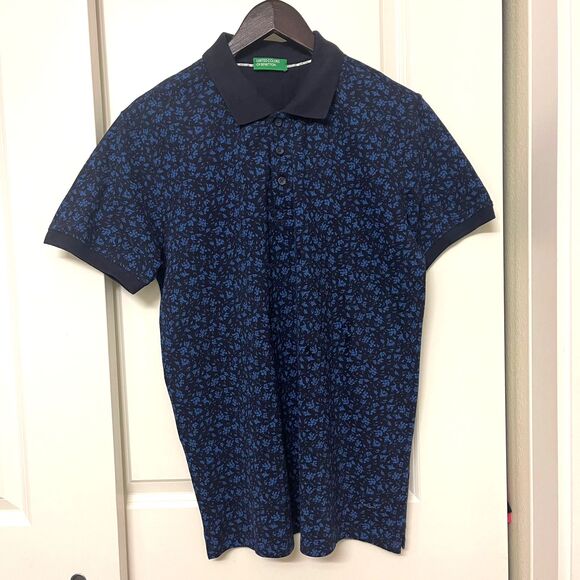 United Colors of Benetton Men’s Polo Shirt Navy Blue Floral Print Size L - Picture 2 of 9